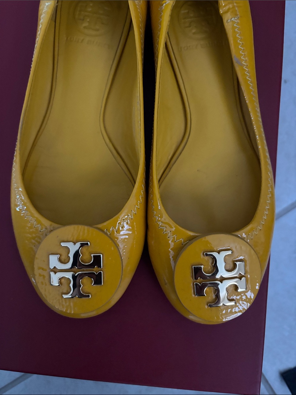 Tory Burch Bright Yellow Patent Leather Logo Ballet Flats
